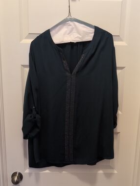 Maurices Teal V-Neck Long Sleeve Blouse with Stud Detail